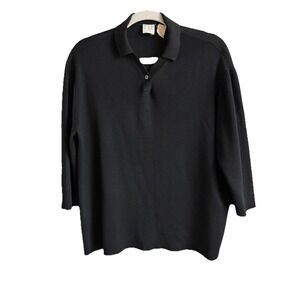 TSE Women Black Collared 100% Silk Light Sweater Top Size Large Italy Casual VTG